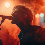 Man in rock band singing in falsetto