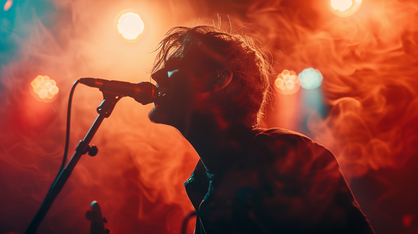 Man in rock band singing in falsetto