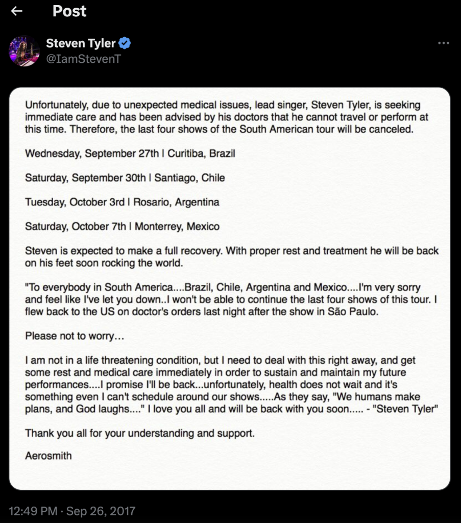 Steven Tyler’s Shocking Vocal Injury: His Final Bow & 5 Powerful Lessons for Singers a screenshot of a social media post